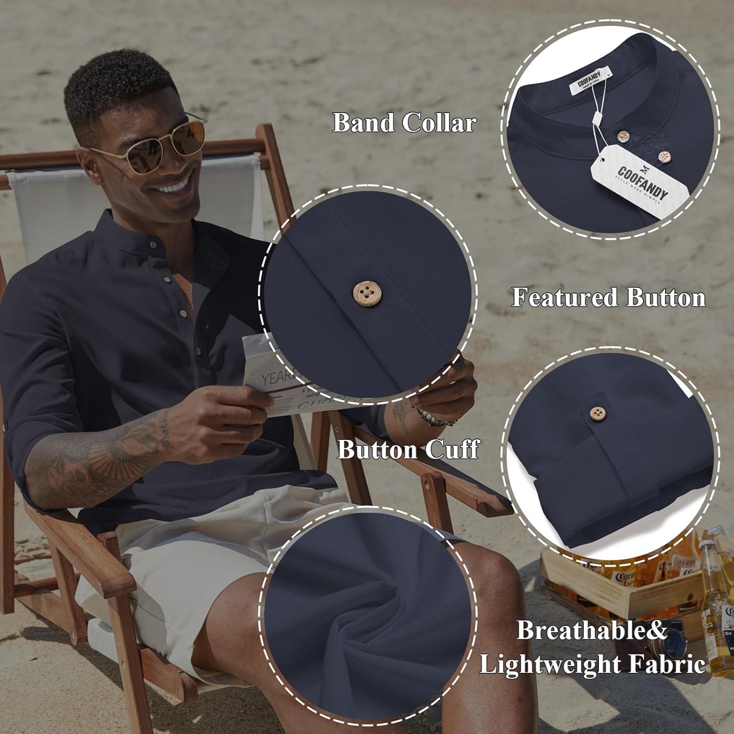 imageCOOFANDY Mens Casual Henley Shirts Long Sleeve Band Collar Lightweight Beach Shirts Summer TShirtsNavy Blue