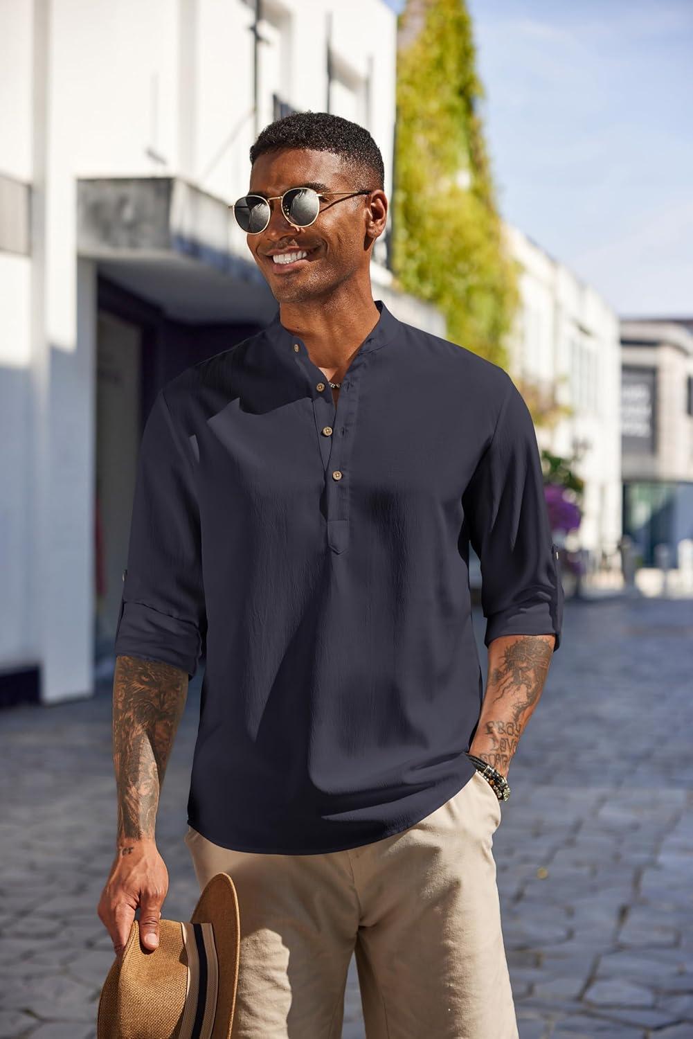 imageCOOFANDY Mens Casual Henley Shirts Long Sleeve Band Collar Lightweight Beach Shirts Summer TShirtsNavy Blue