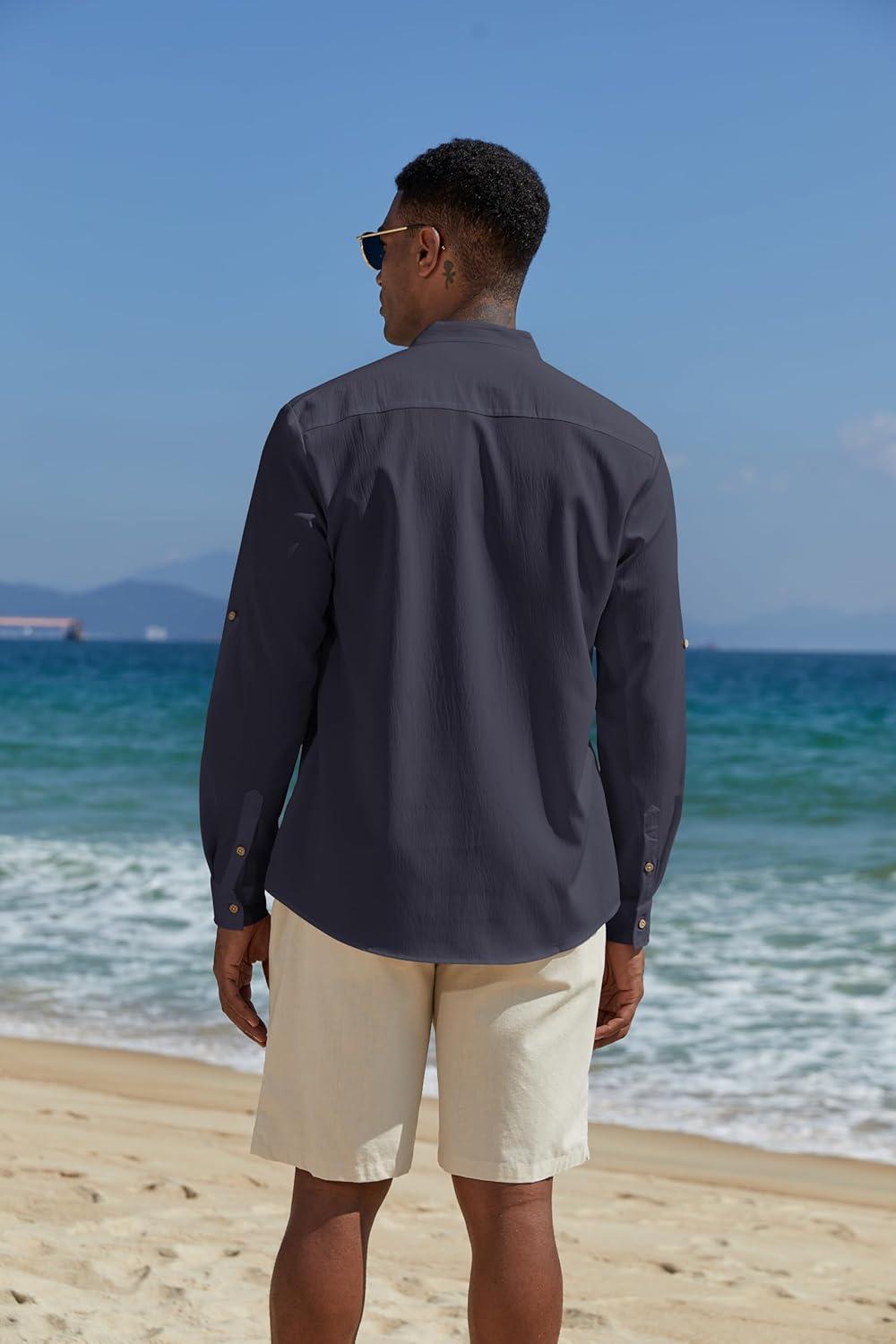 imageCOOFANDY Mens Casual Henley Shirts Long Sleeve Band Collar Lightweight Beach Shirts Summer TShirtsNavy Blue