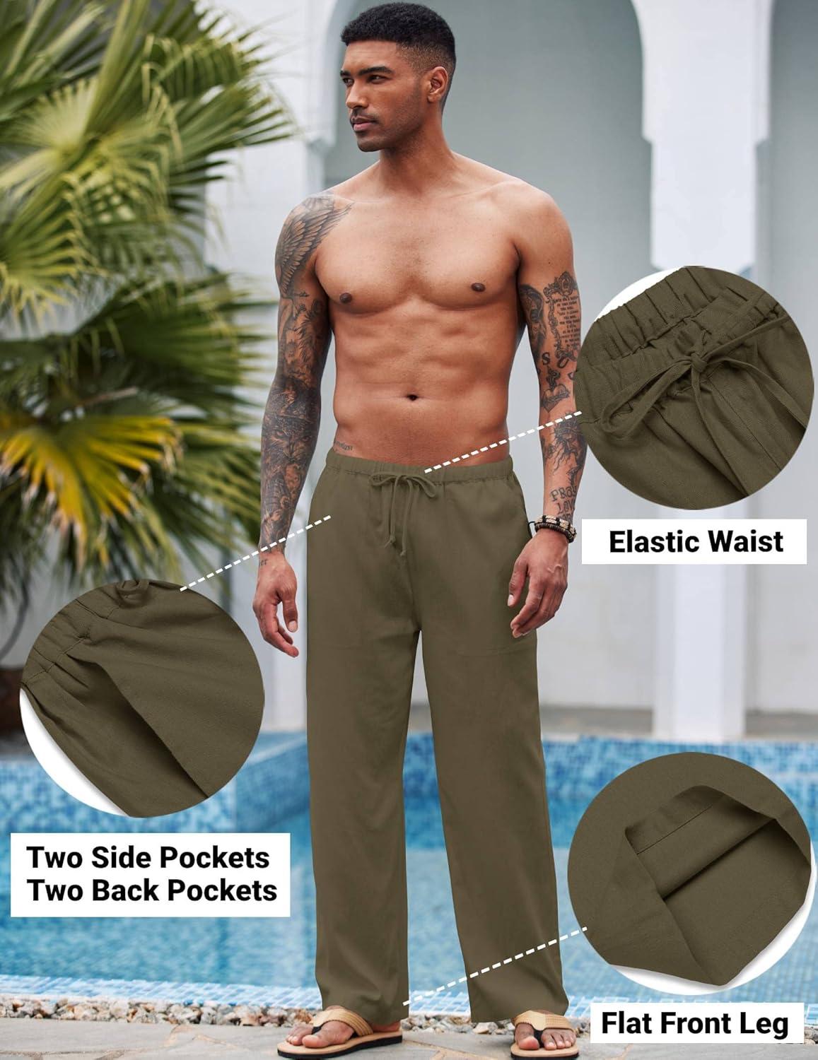 imageCOOFANDY Mens Casual Linen Pants Elastic Waist Linen Pants Drawstring Summer Beach Yoga Linen TrouserA Army Green