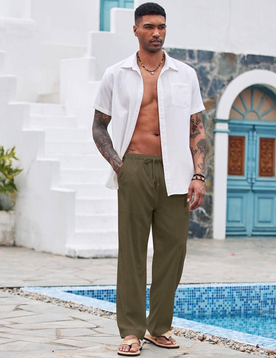 imageCOOFANDY Mens Casual Linen Pants Elastic Waist Linen Pants Drawstring Summer Beach Yoga Linen TrouserA Army Green