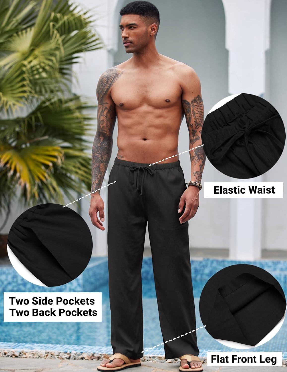 imageCOOFANDY Mens Casual Linen Pants Elastic Waist Linen Pants Drawstring Summer Beach Yoga Linen TrouserA Black