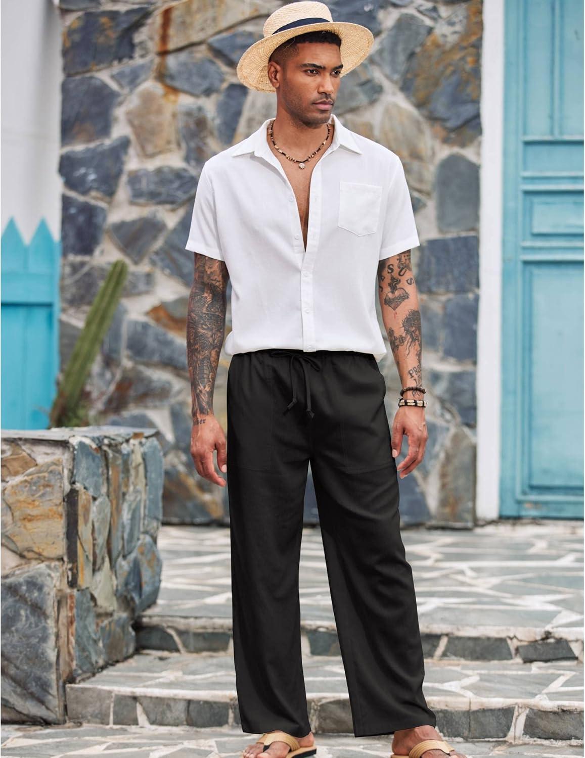 imageCOOFANDY Mens Casual Linen Pants Elastic Waist Linen Pants Drawstring Summer Beach Yoga Linen TrouserA Black
