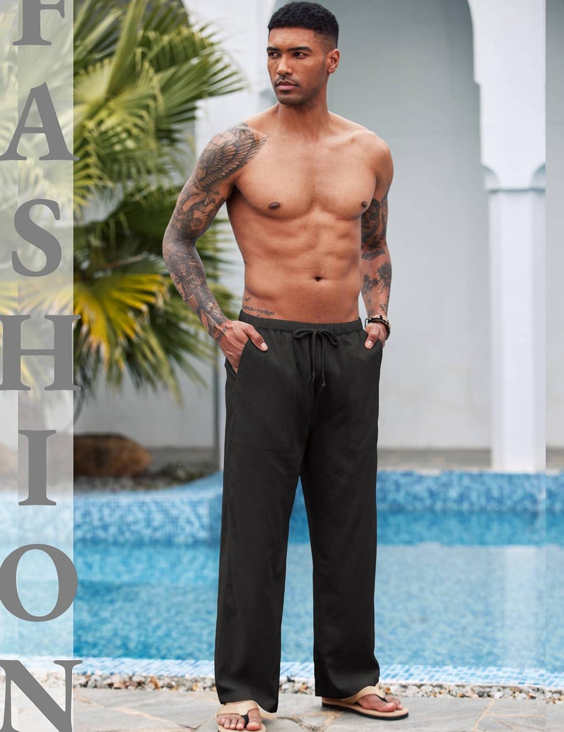 imageCOOFANDY Mens Casual Linen Pants Elastic Waist Linen Pants Drawstring Summer Beach Yoga Linen TrouserA Black