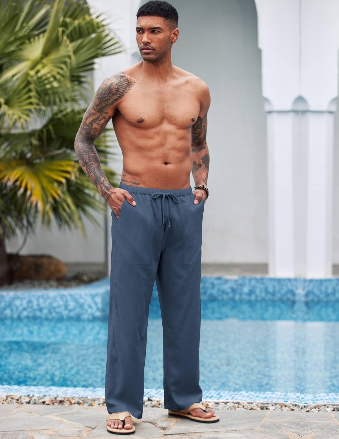 imageCOOFANDY Mens Casual Linen Pants Elastic Waist Linen Pants Drawstring Summer Beach Yoga Linen TrouserA Denim Blue