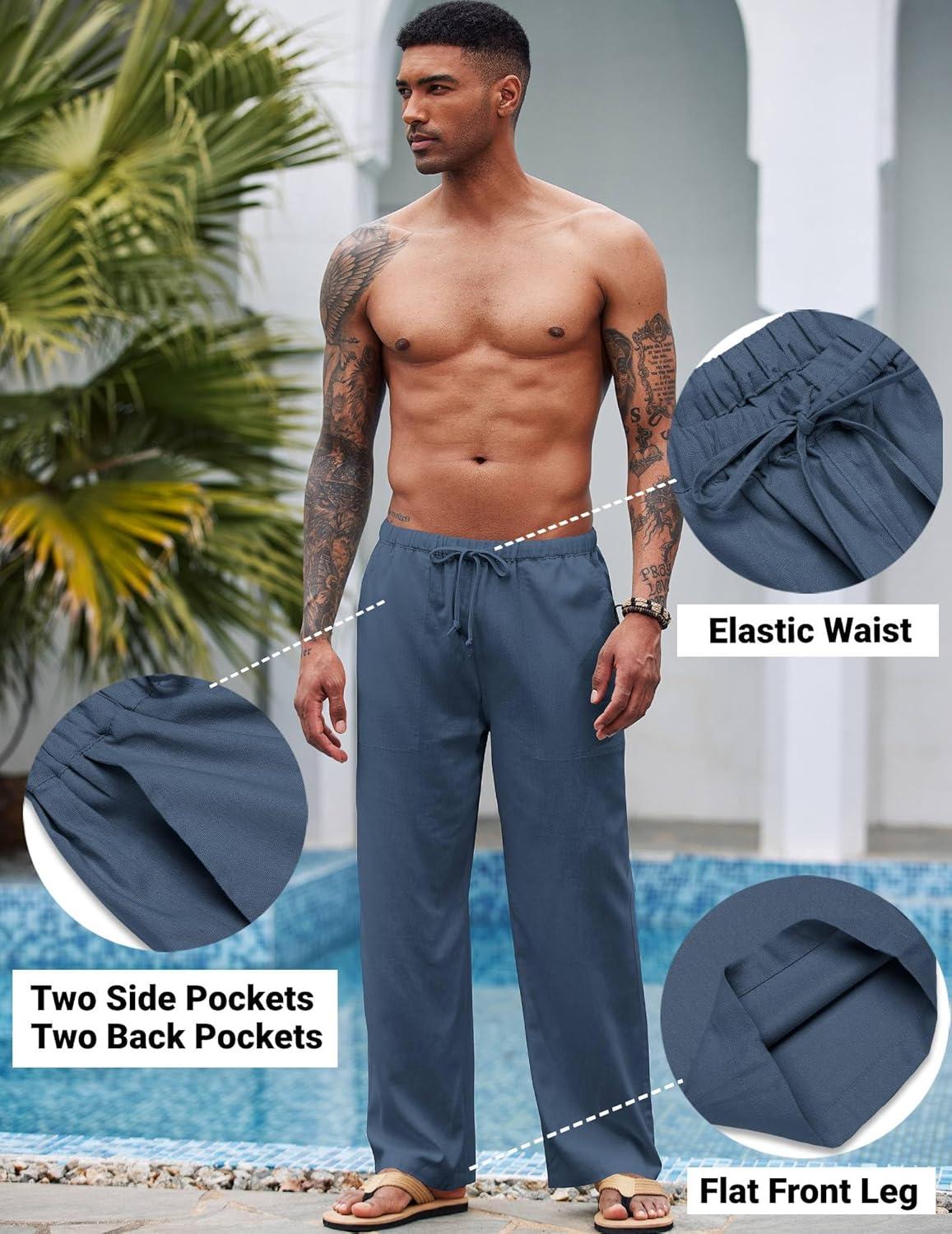 imageCOOFANDY Mens Casual Linen Pants Elastic Waist Linen Pants Drawstring Summer Beach Yoga Linen TrouserA Denim Blue
