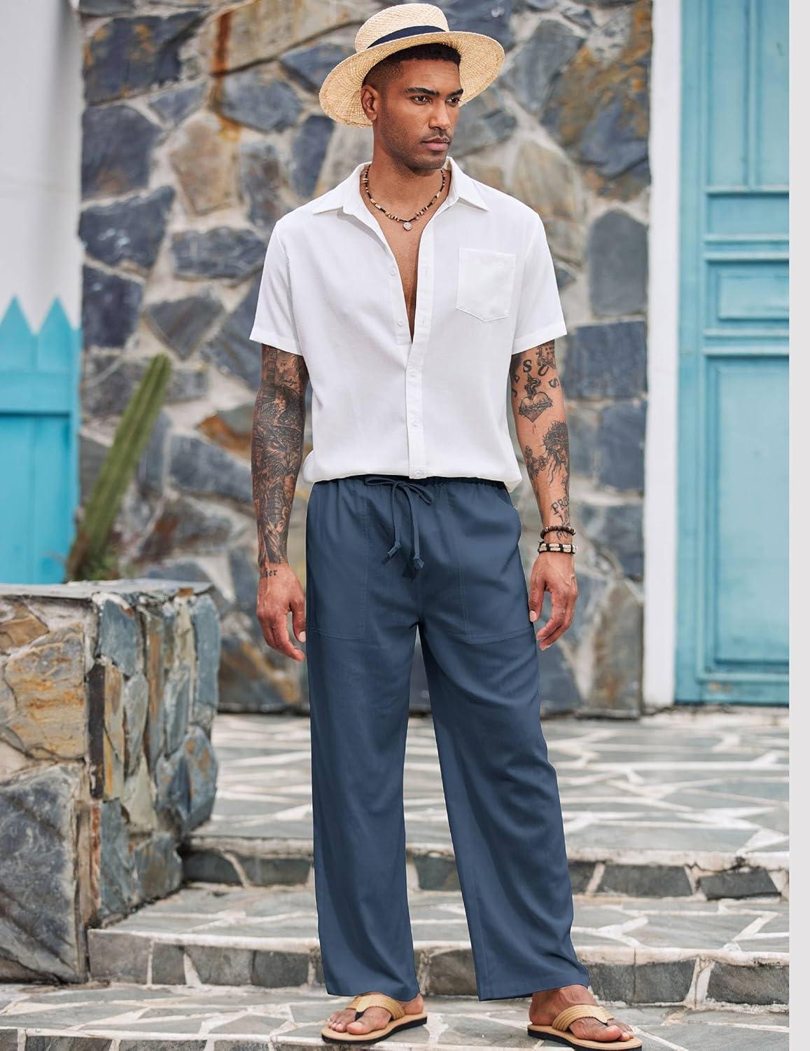 imageCOOFANDY Mens Casual Linen Pants Elastic Waist Linen Pants Drawstring Summer Beach Yoga Linen TrouserA Denim Blue