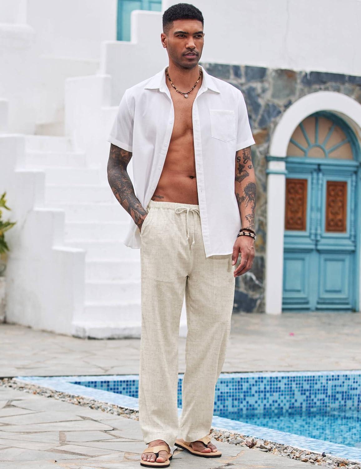 imageCOOFANDY Mens Casual Linen Pants Elastic Waist Linen Pants Drawstring Summer Beach Yoga Linen TrouserA Linen Khaki