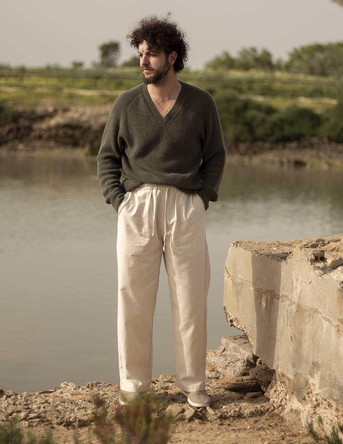 imageCOOFANDY Mens Casual Linen Pants Elastic Waist Linen Pants Drawstring Summer Beach Yoga Linen TrouserA Linen Khaki