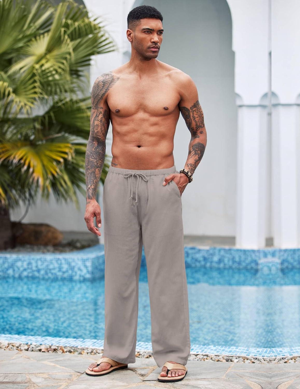imageCOOFANDY Mens Casual Linen Pants Elastic Waist Linen Pants Drawstring Summer Beach Yoga Linen TrouserA Medium Gray