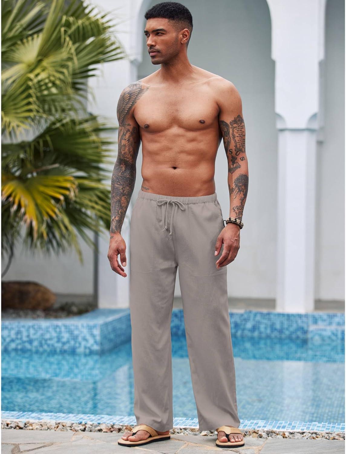 imageCOOFANDY Mens Casual Linen Pants Elastic Waist Linen Pants Drawstring Summer Beach Yoga Linen TrouserA Medium Gray