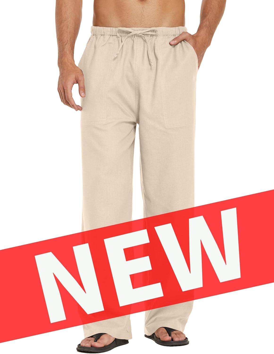 imageCOOFANDY Mens Casual Linen Pants Elastic Waist Linen Pants Drawstring Summer Beach Yoga Linen TrouserA Medium Khaki