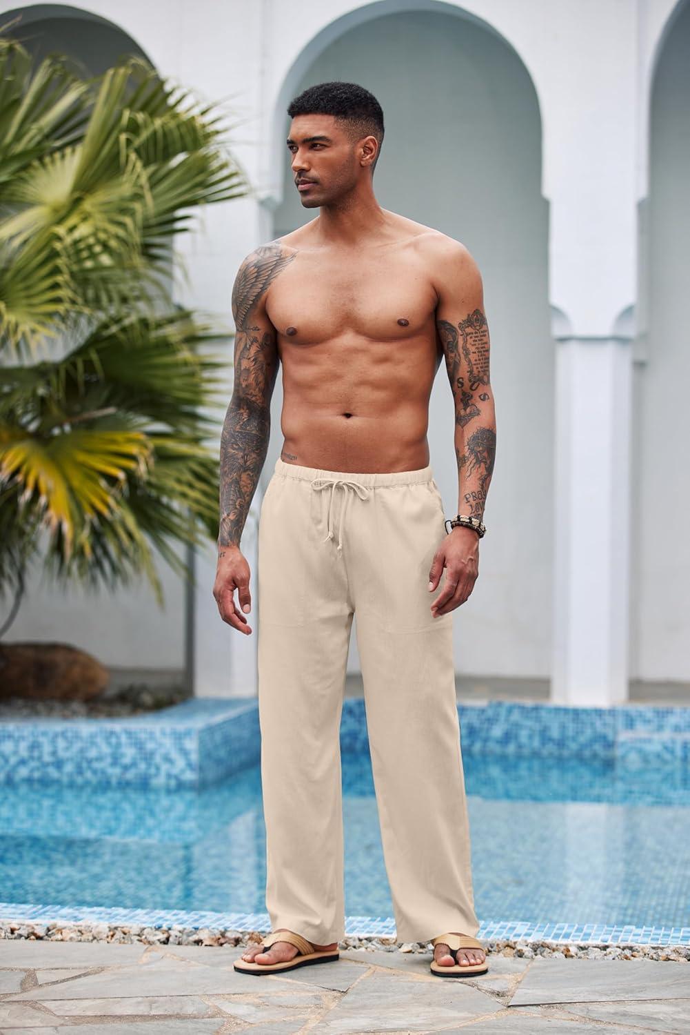 imageCOOFANDY Mens Casual Linen Pants Elastic Waist Linen Pants Drawstring Summer Beach Yoga Linen TrouserA Medium Khaki