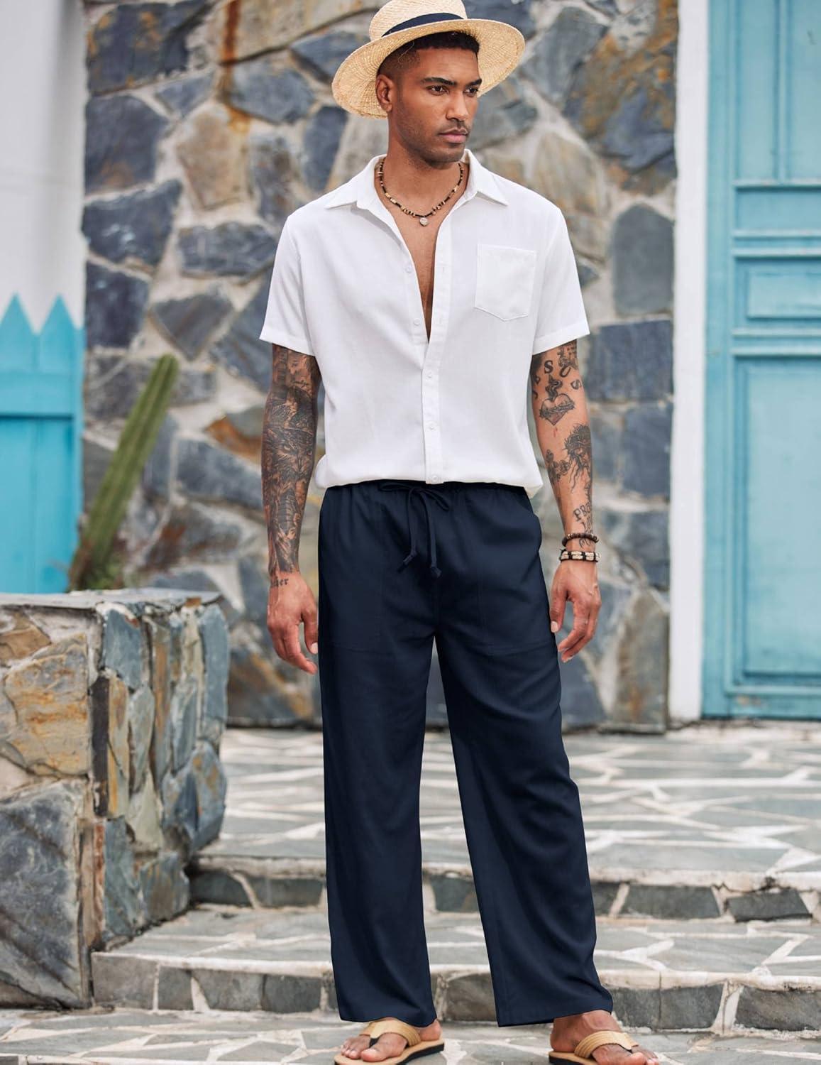 imageCOOFANDY Mens Casual Linen Pants Elastic Waist Linen Pants Drawstring Summer Beach Yoga Linen TrouserA Navy Blue