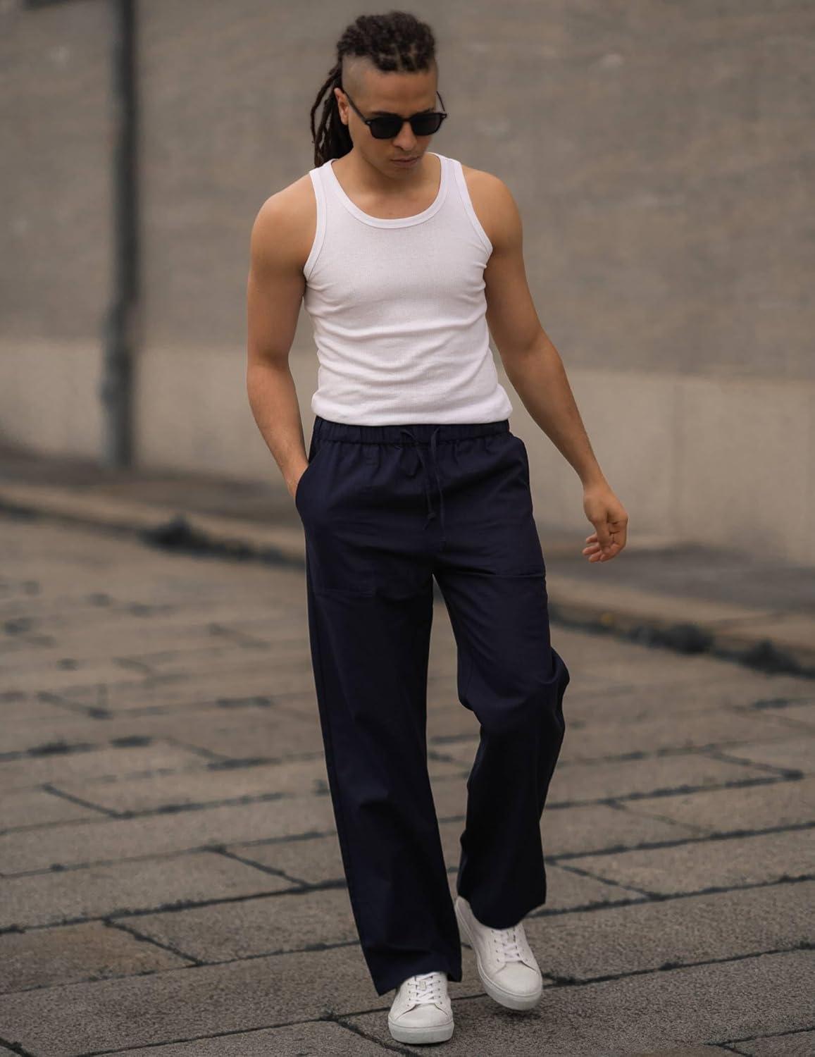 imageCOOFANDY Mens Casual Linen Pants Elastic Waist Linen Pants Drawstring Summer Beach Yoga Linen TrouserA Navy Blue