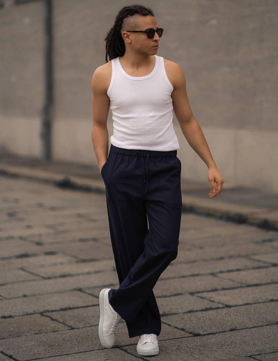 imageCOOFANDY Mens Casual Linen Pants Elastic Waist Linen Pants Drawstring Summer Beach Yoga Linen TrouserA Navy Blue