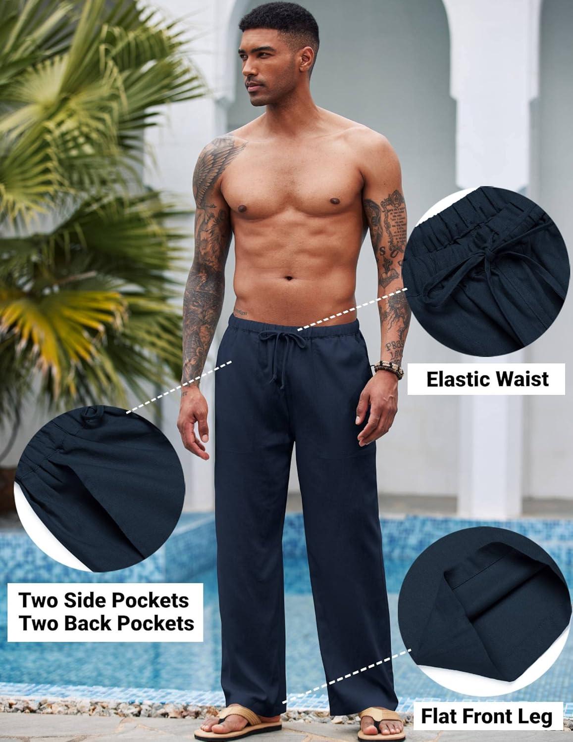 imageCOOFANDY Mens Casual Linen Pants Elastic Waist Linen Pants Drawstring Summer Beach Yoga Linen TrouserA Navy Blue