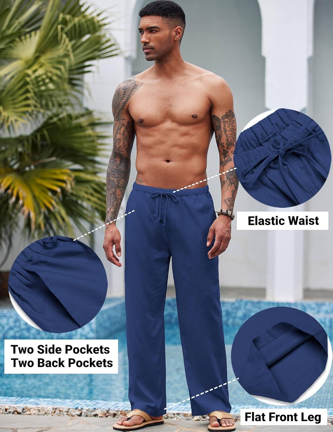 imageCOOFANDY Mens Casual Linen Pants Elastic Waist Linen Pants Drawstring Summer Beach Yoga Linen TrouserA Royal Blue