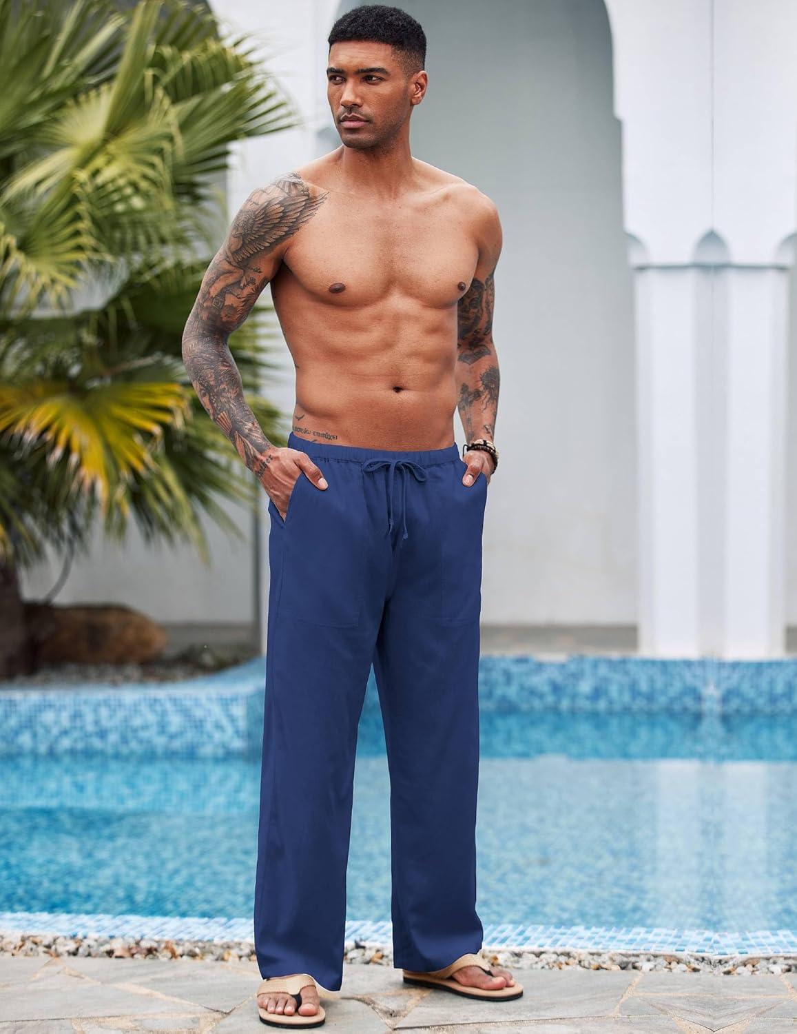 imageCOOFANDY Mens Casual Linen Pants Elastic Waist Linen Pants Drawstring Summer Beach Yoga Linen TrouserA Royal Blue