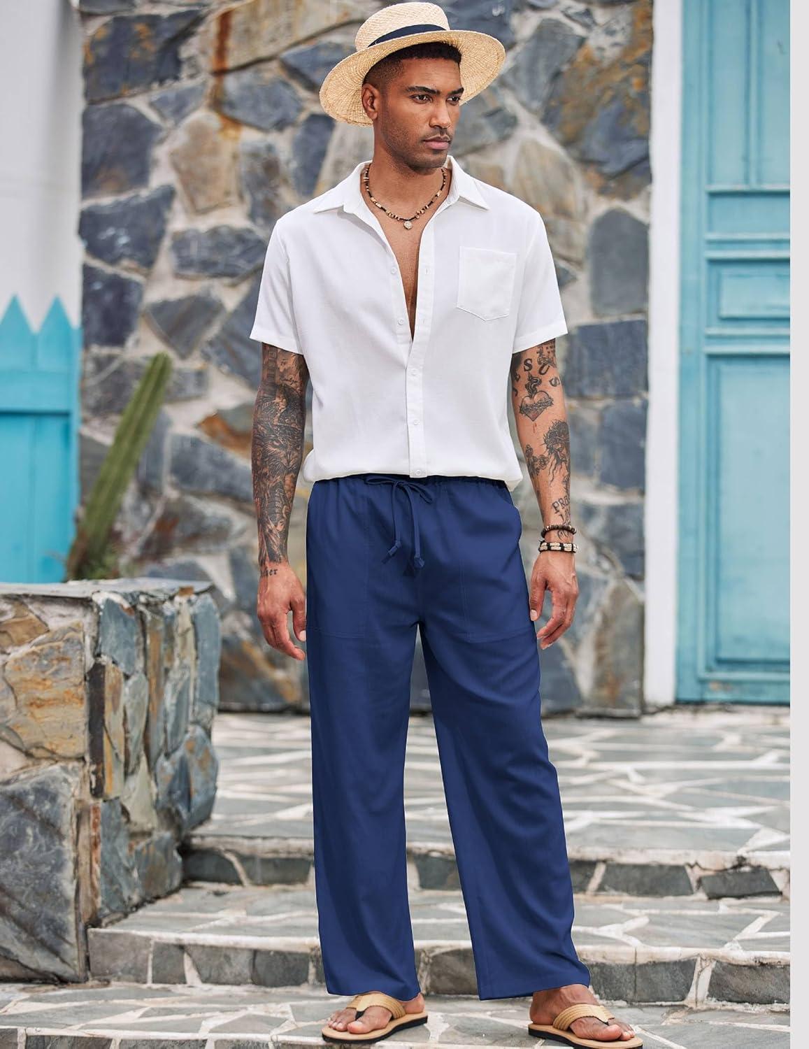 imageCOOFANDY Mens Casual Linen Pants Elastic Waist Linen Pants Drawstring Summer Beach Yoga Linen TrouserA Royal Blue