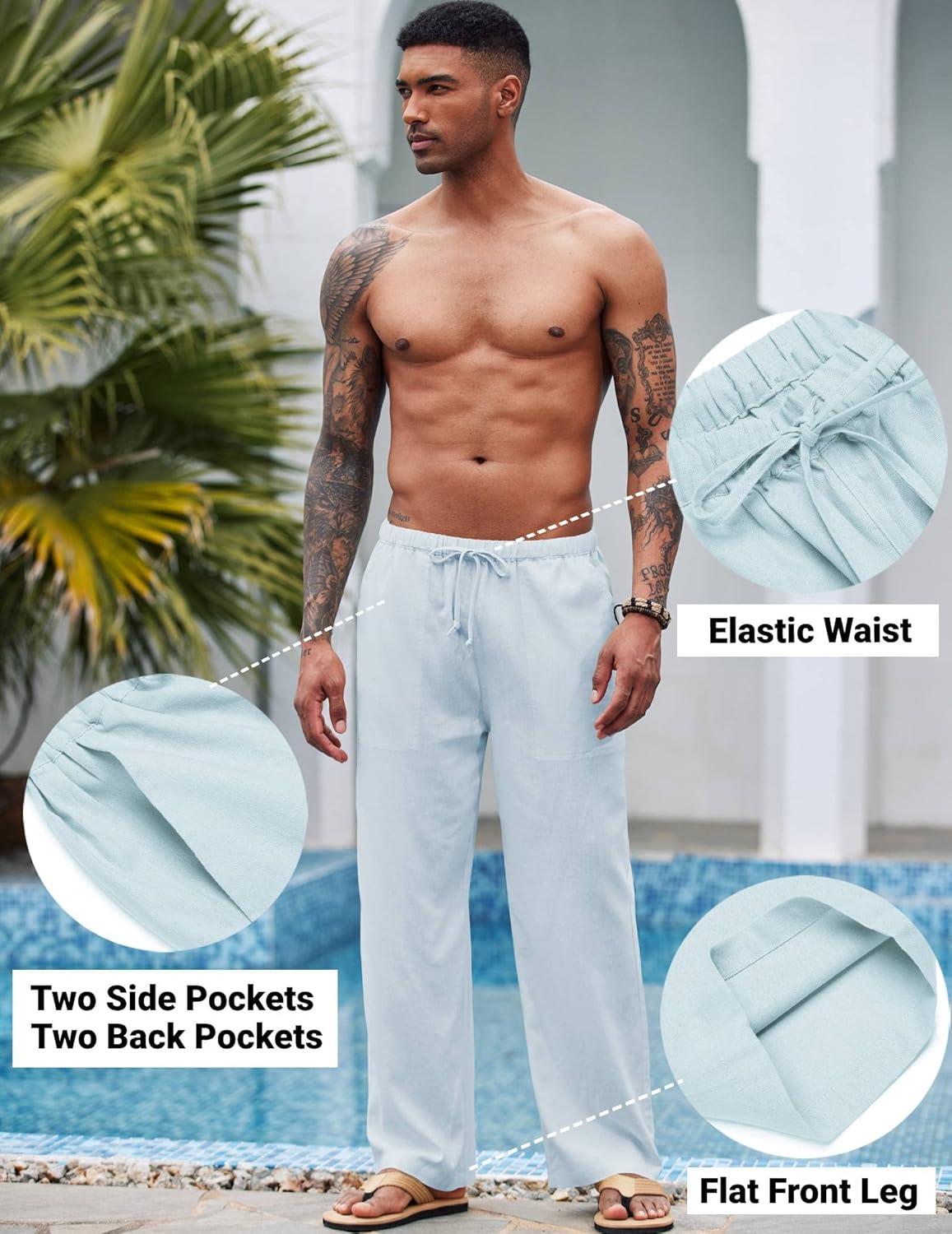 imageCOOFANDY Mens Casual Linen Pants Elastic Waist Linen Pants Drawstring Summer Beach Yoga Linen TrouserA Sky Blue