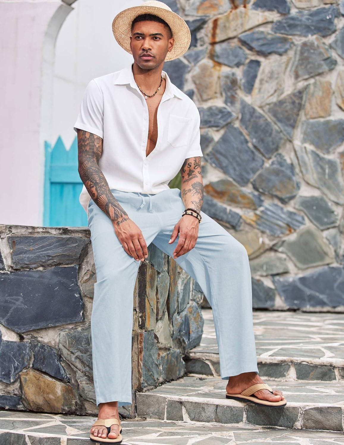 imageCOOFANDY Mens Casual Linen Pants Elastic Waist Linen Pants Drawstring Summer Beach Yoga Linen TrouserA Sky Blue