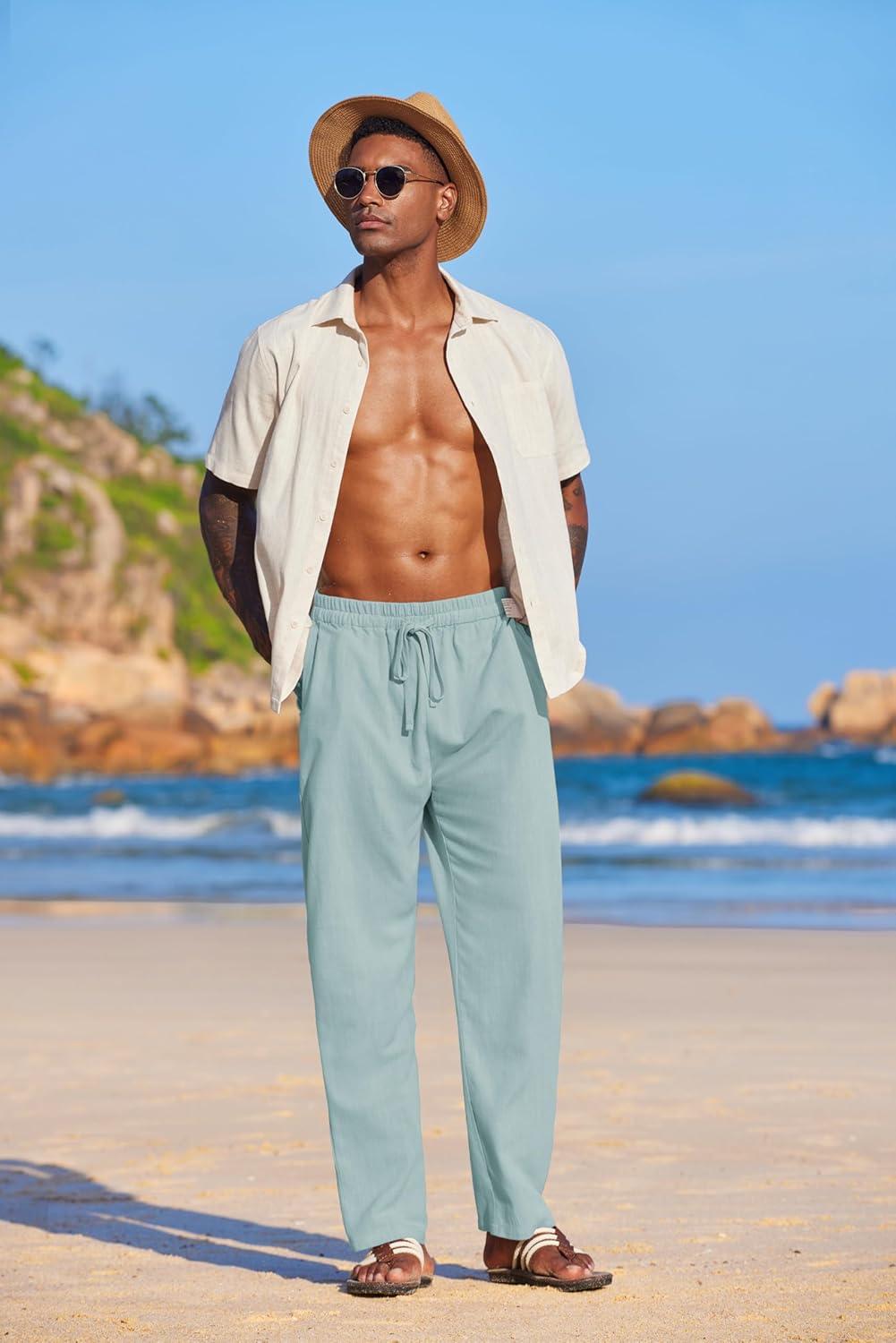 imageCOOFANDY Mens Casual Linen Pants Elastic Waist Linen Pants Drawstring Summer Beach Yoga Linen TrouserLight Green