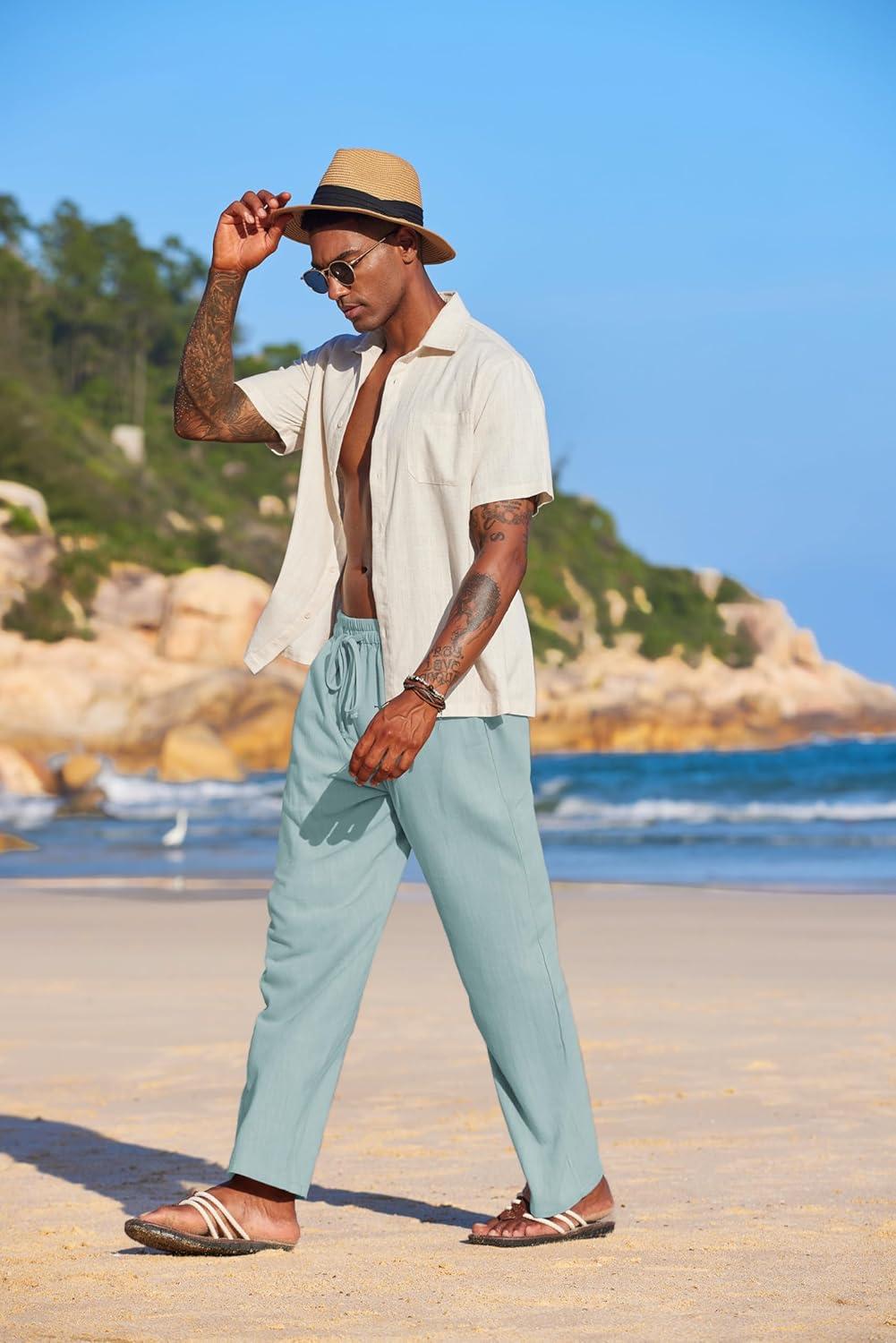 imageCOOFANDY Mens Casual Linen Pants Elastic Waist Linen Pants Drawstring Summer Beach Yoga Linen TrouserLight Green