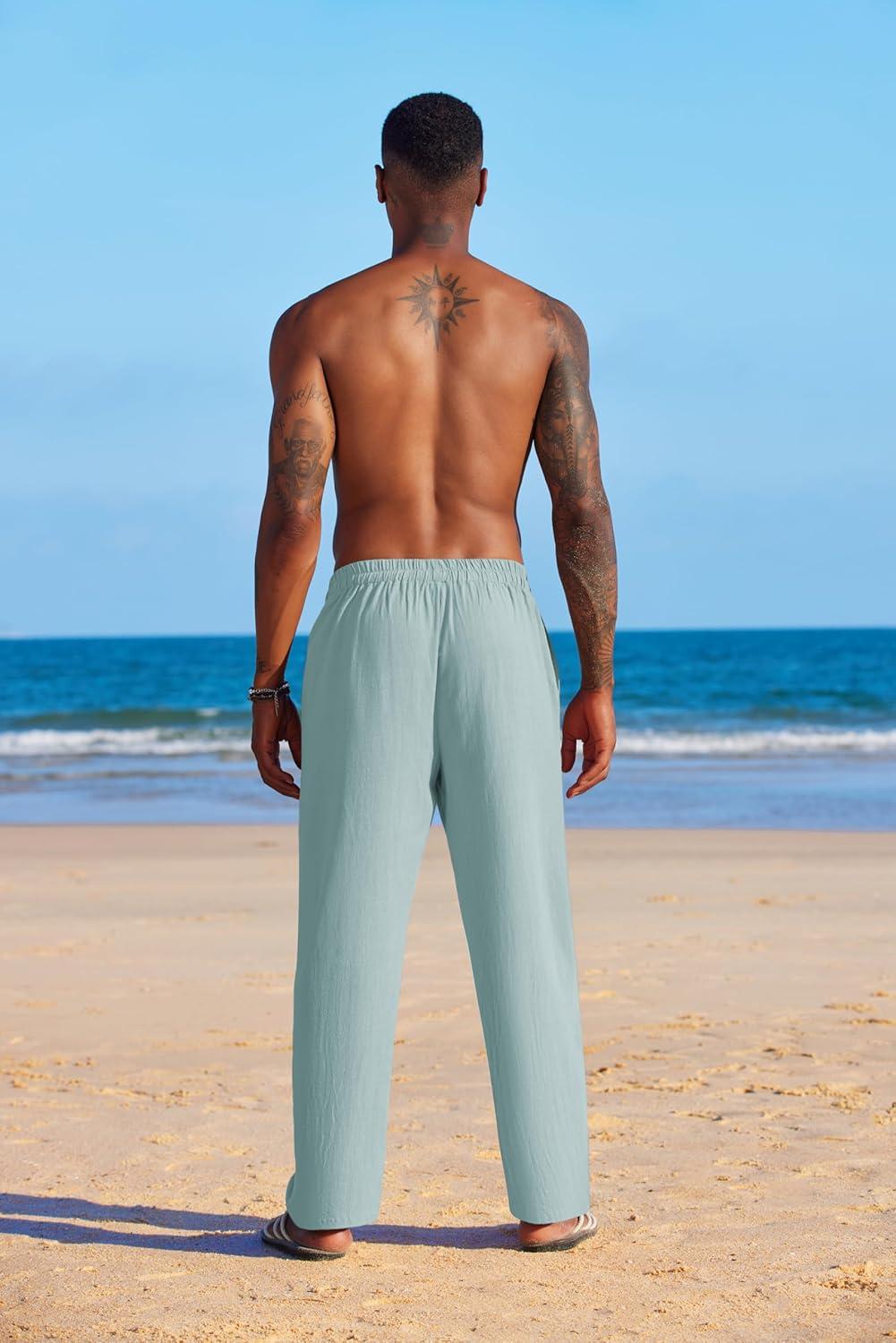 imageCOOFANDY Mens Casual Linen Pants Elastic Waist Linen Pants Drawstring Summer Beach Yoga Linen TrouserLight Green