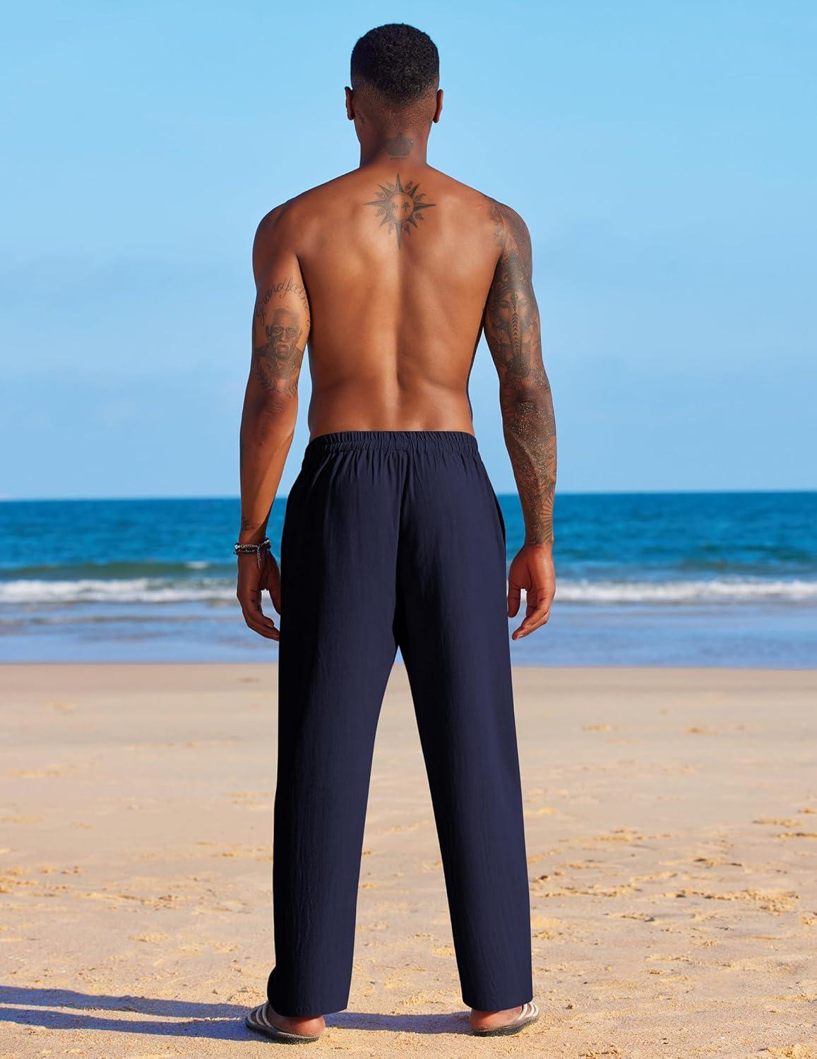 imageCOOFANDY Mens Casual Linen Pants Elastic Waist Linen Pants Drawstring Summer Beach Yoga Linen TrouserNavy Blue