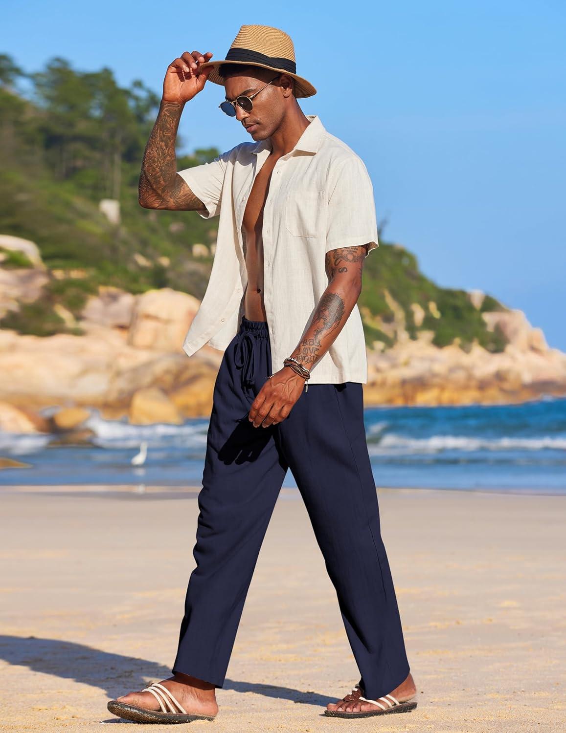 imageCOOFANDY Mens Casual Linen Pants Elastic Waist Linen Pants Drawstring Summer Beach Yoga Linen TrouserNavy Blue