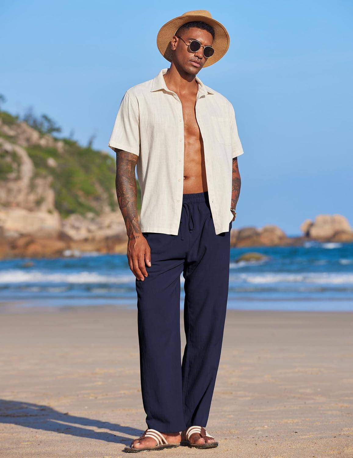 imageCOOFANDY Mens Casual Linen Pants Elastic Waist Linen Pants Drawstring Summer Beach Yoga Linen TrouserNavy Blue