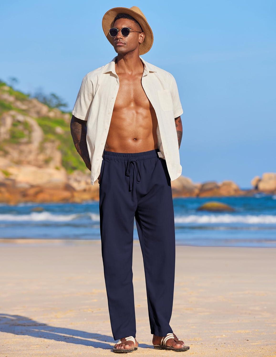 imageCOOFANDY Mens Casual Linen Pants Elastic Waist Linen Pants Drawstring Summer Beach Yoga Linen TrouserNavy Blue