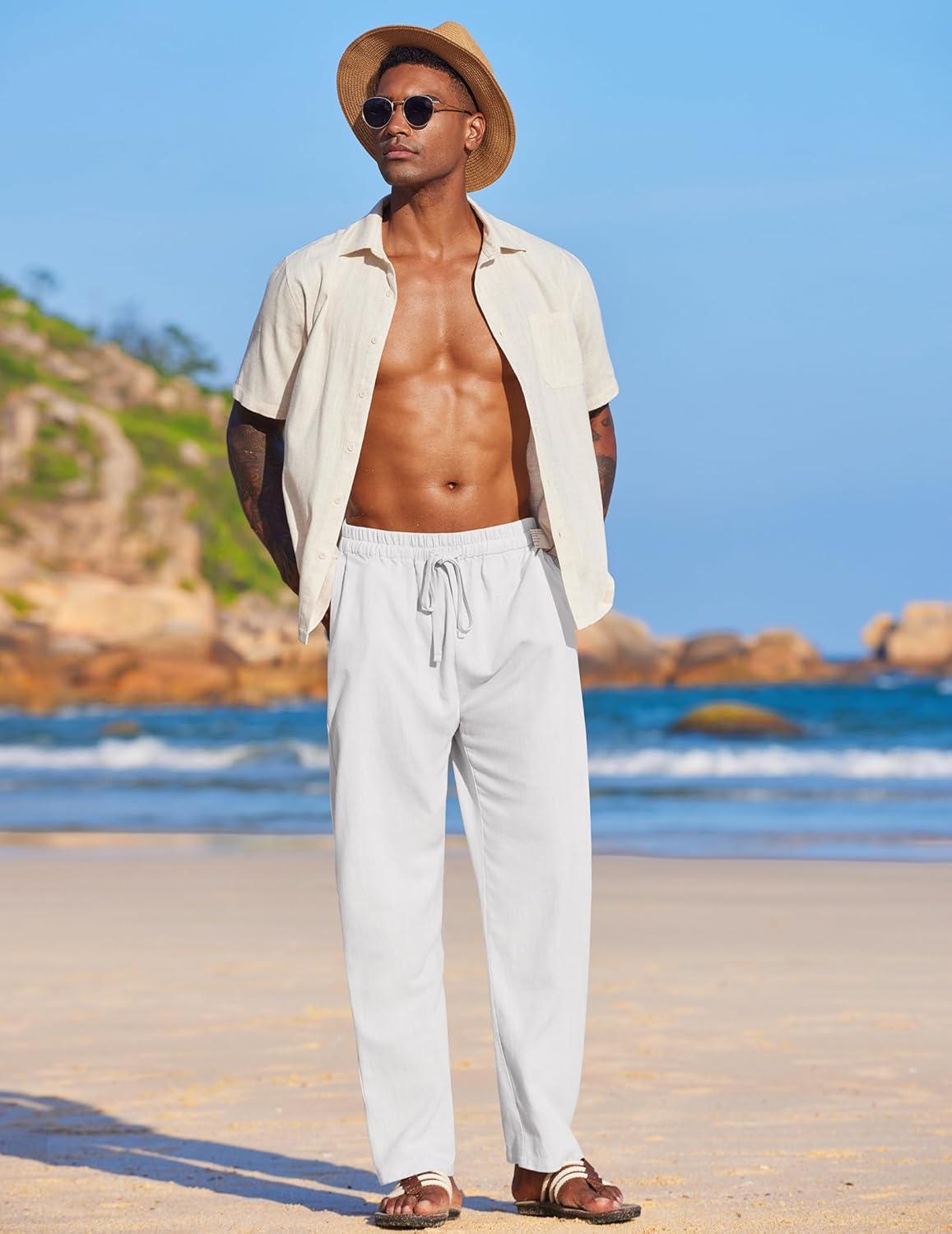 imageCOOFANDY Mens Casual Linen Pants Elastic Waist Linen Pants Drawstring Summer Beach Yoga Linen TrouserWhite