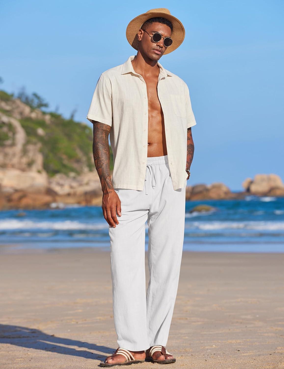 imageCOOFANDY Mens Casual Linen Pants Elastic Waist Linen Pants Drawstring Summer Beach Yoga Linen TrouserWhite