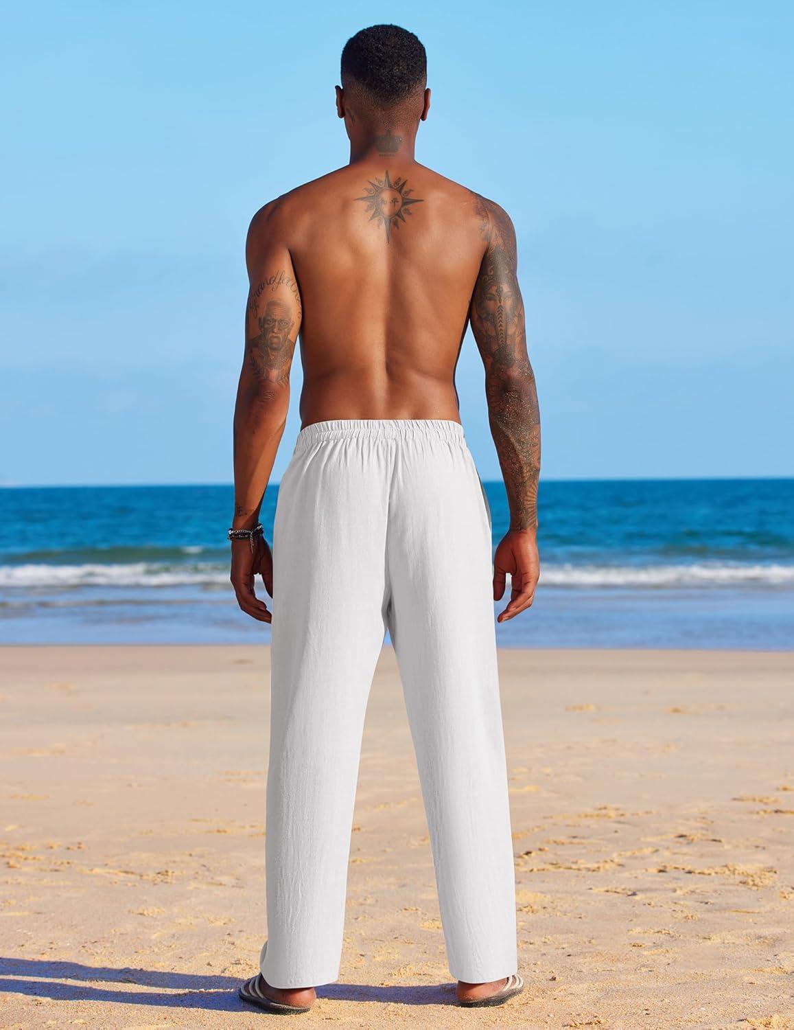 imageCOOFANDY Mens Casual Linen Pants Elastic Waist Linen Pants Drawstring Summer Beach Yoga Linen TrouserWhite