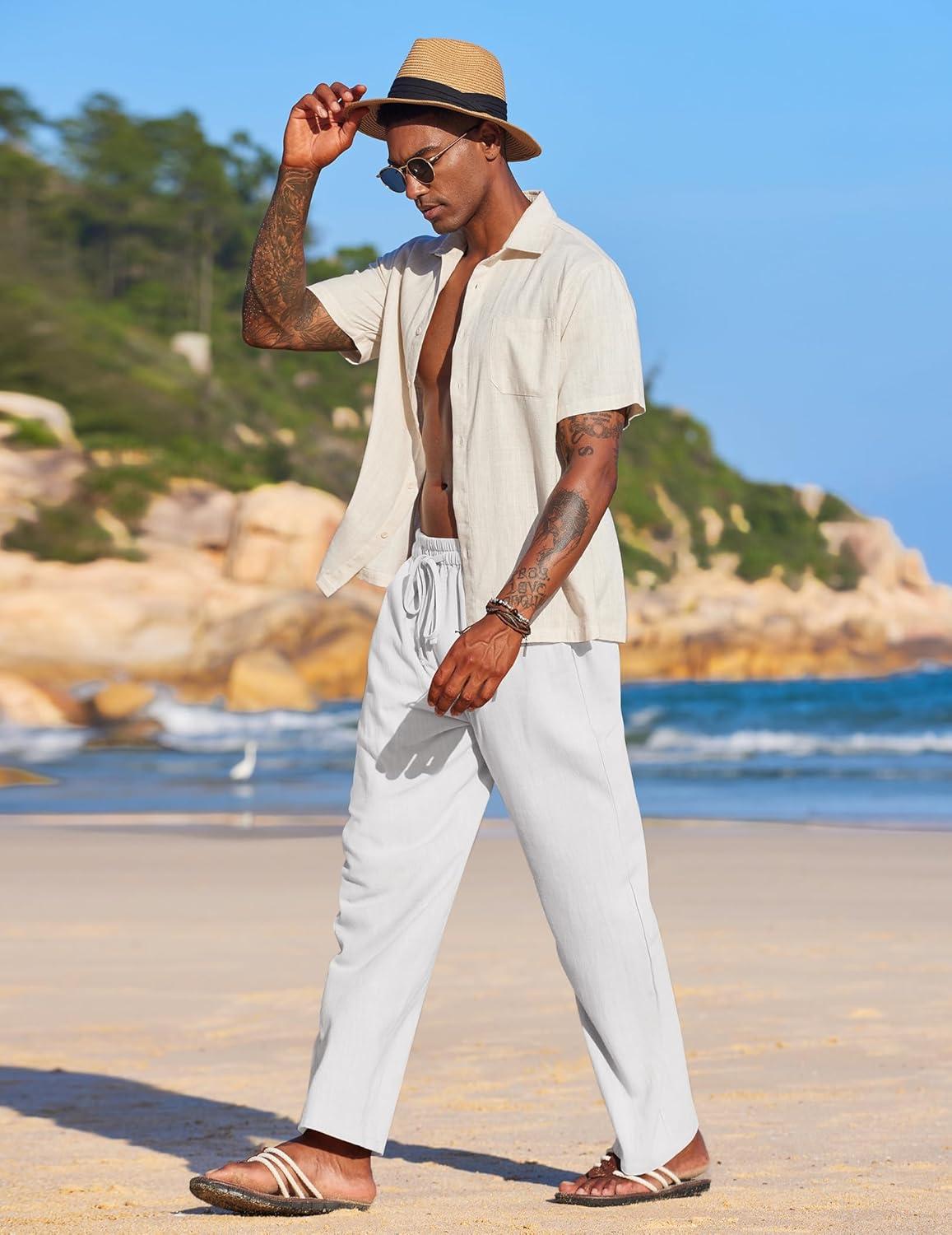 imageCOOFANDY Mens Casual Linen Pants Elastic Waist Linen Pants Drawstring Summer Beach Yoga Linen TrouserWhite