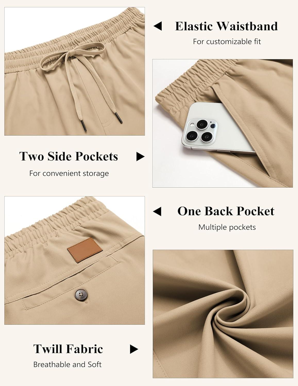 imageCOOFANDY Mens Casual Pants Elastic Waist Chino Pants Lightweight Drawstring Pants with PocketsAkhaki