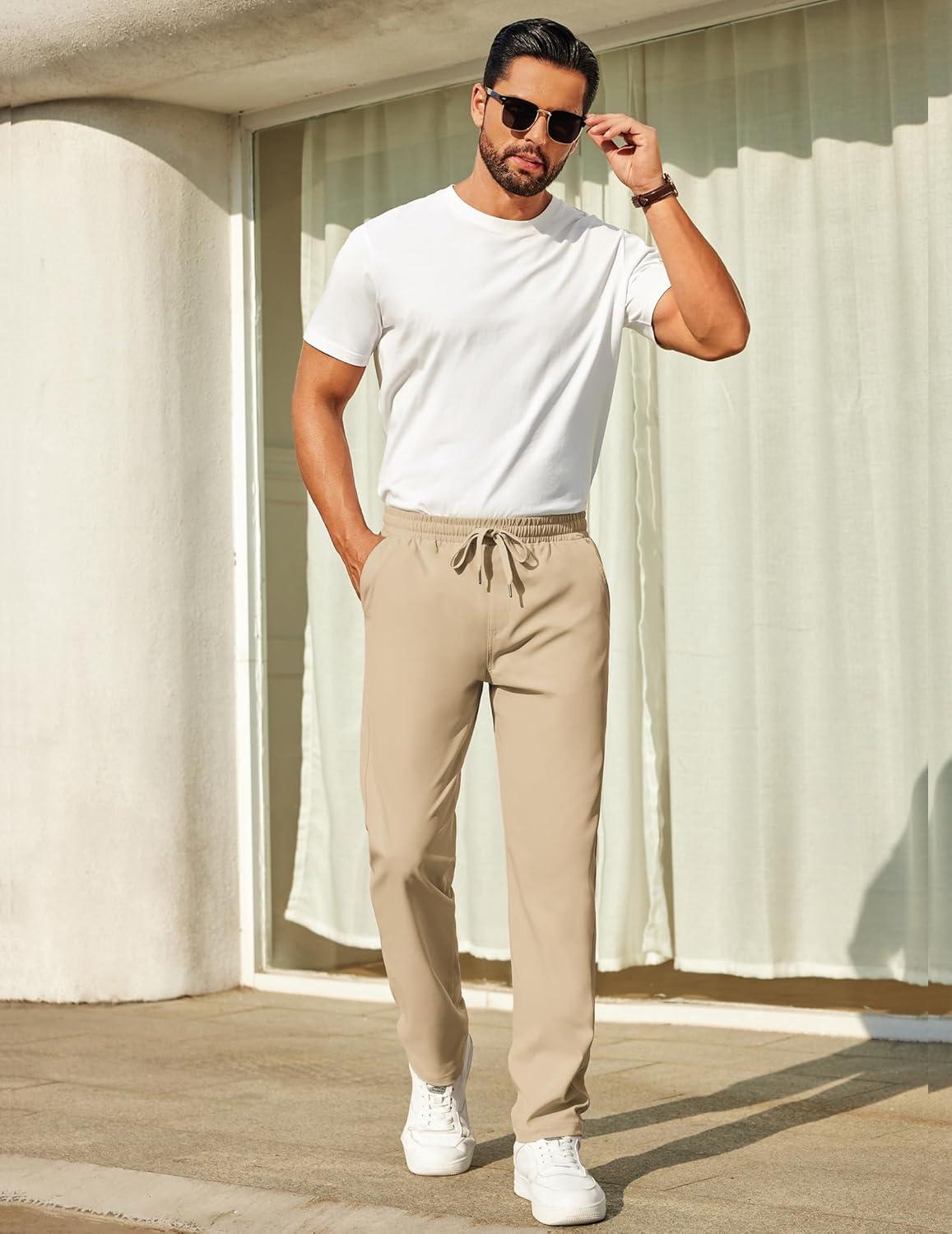 imageCOOFANDY Mens Casual Pants Elastic Waist Chino Pants Lightweight Drawstring Pants with PocketsAkhaki