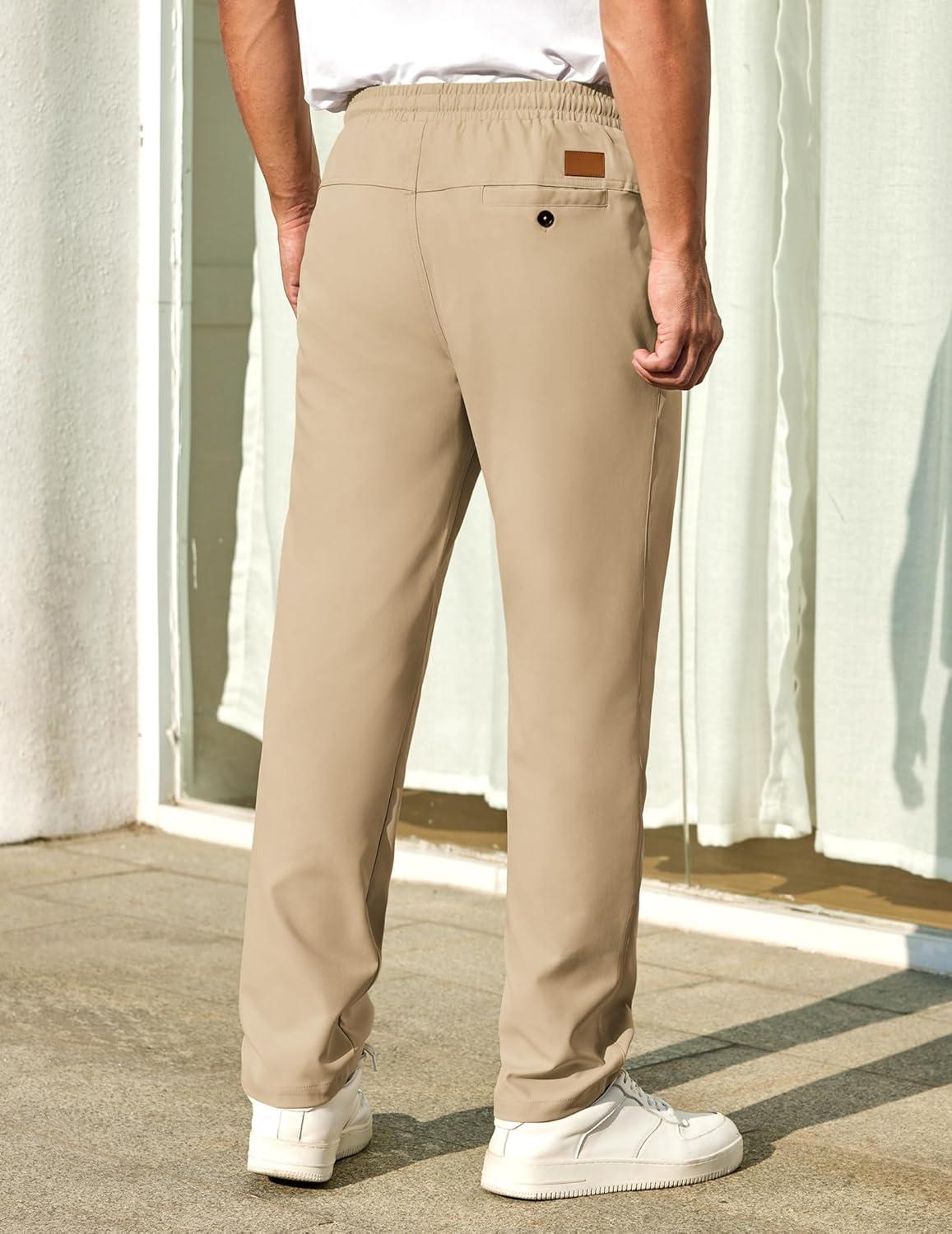 imageCOOFANDY Mens Casual Pants Elastic Waist Chino Pants Lightweight Drawstring Pants with PocketsAkhaki