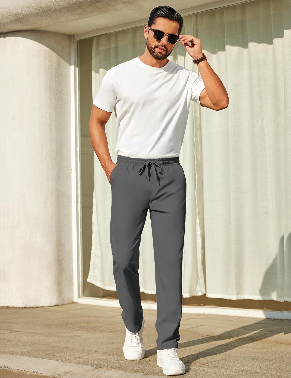 imageCOOFANDY Mens Casual Pants Elastic Waist Chino Pants Lightweight Drawstring Pants with PocketsDark Gray