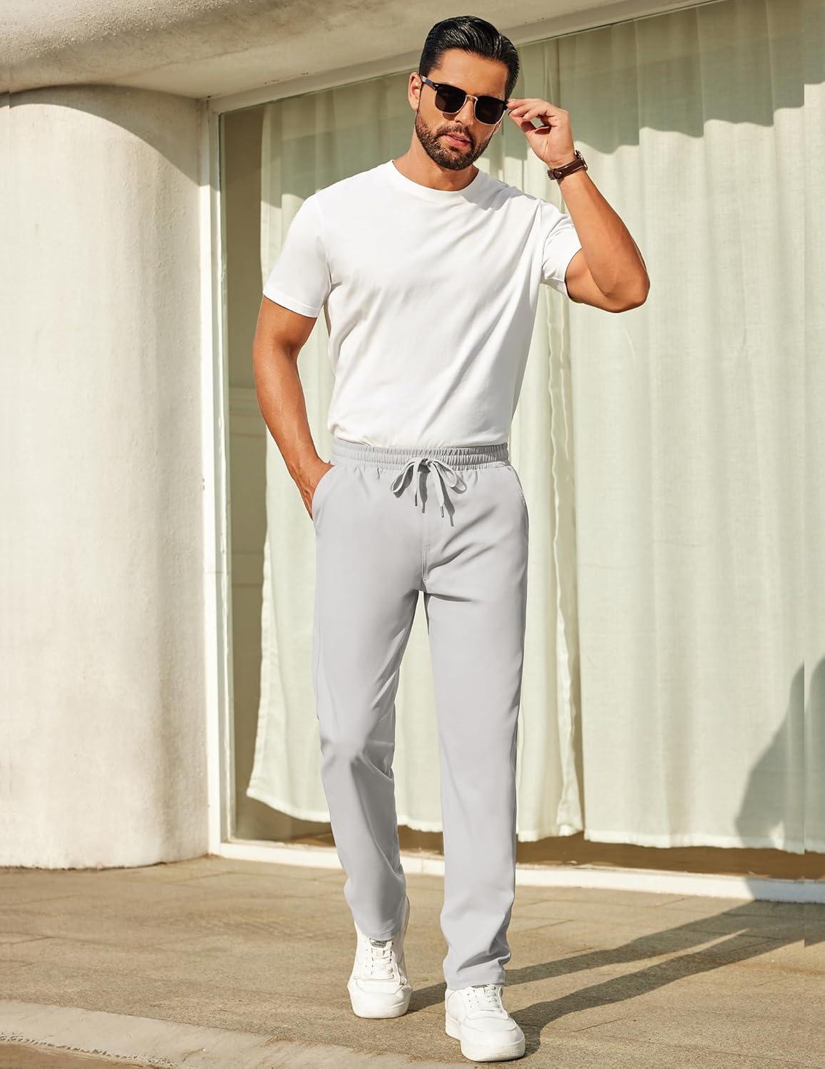 imageCOOFANDY Mens Casual Pants Elastic Waist Chino Pants Lightweight Drawstring Pants with PocketsLight Gray