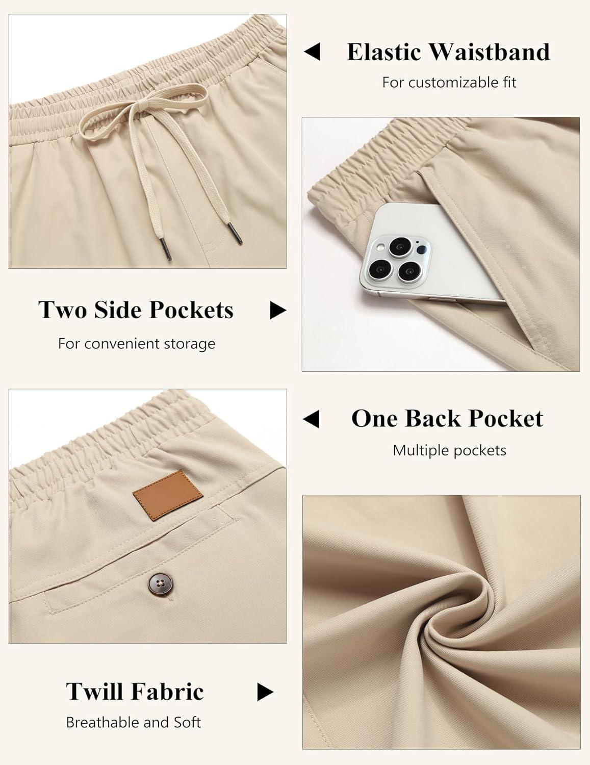 imageCOOFANDY Mens Casual Pants Elastic Waist Chino Pants Lightweight Drawstring Pants with PocketsLight Khaki