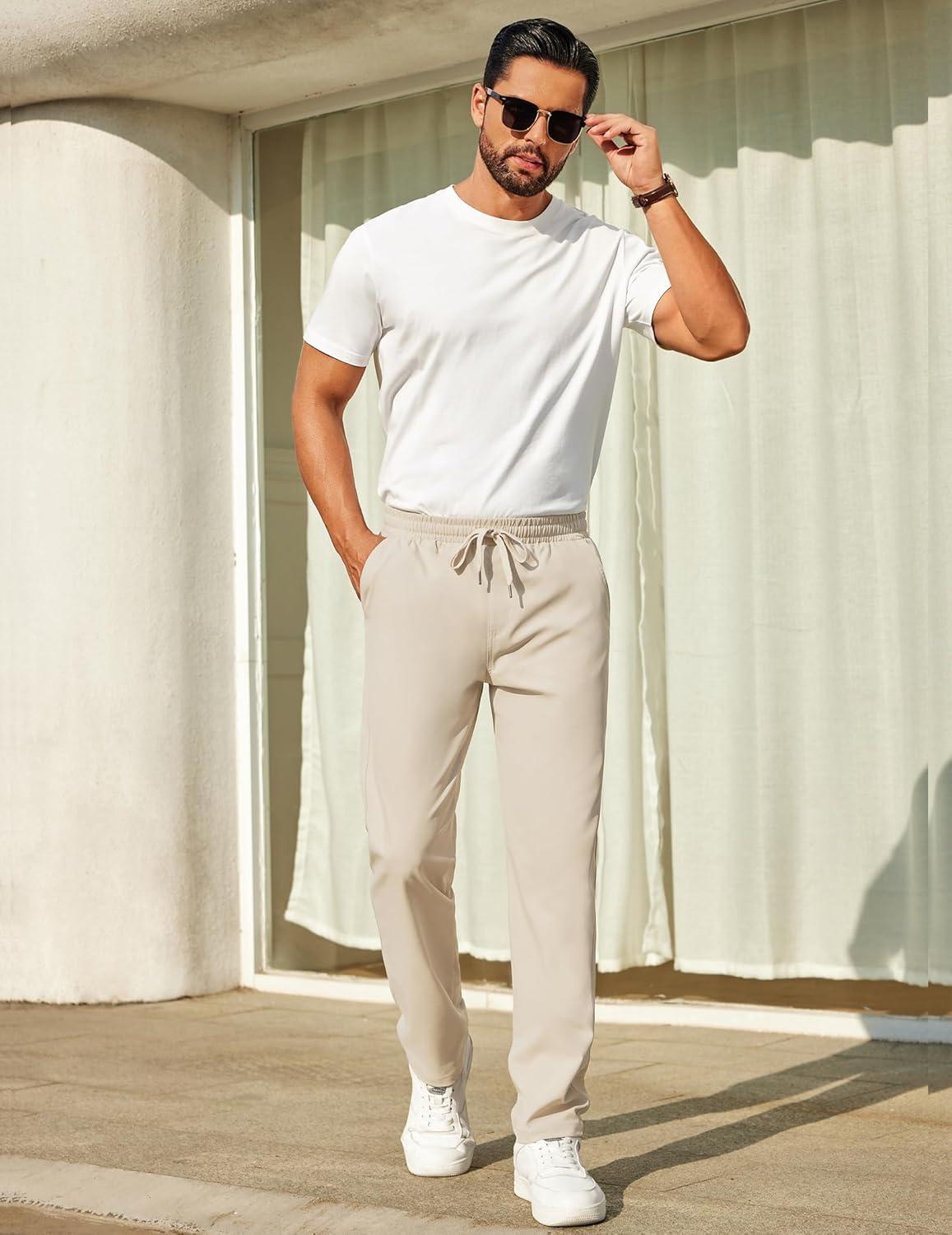 imageCOOFANDY Mens Casual Pants Elastic Waist Chino Pants Lightweight Drawstring Pants with PocketsLight Khaki