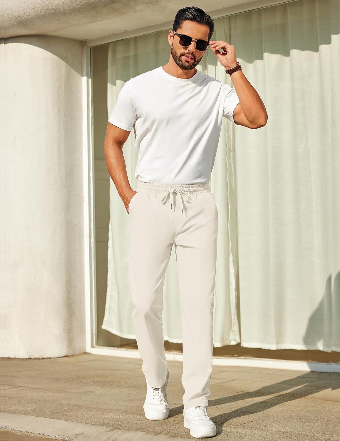 imageCOOFANDY Mens Casual Pants Elastic Waist Chino Pants Lightweight Drawstring Pants with PocketsOffwhite