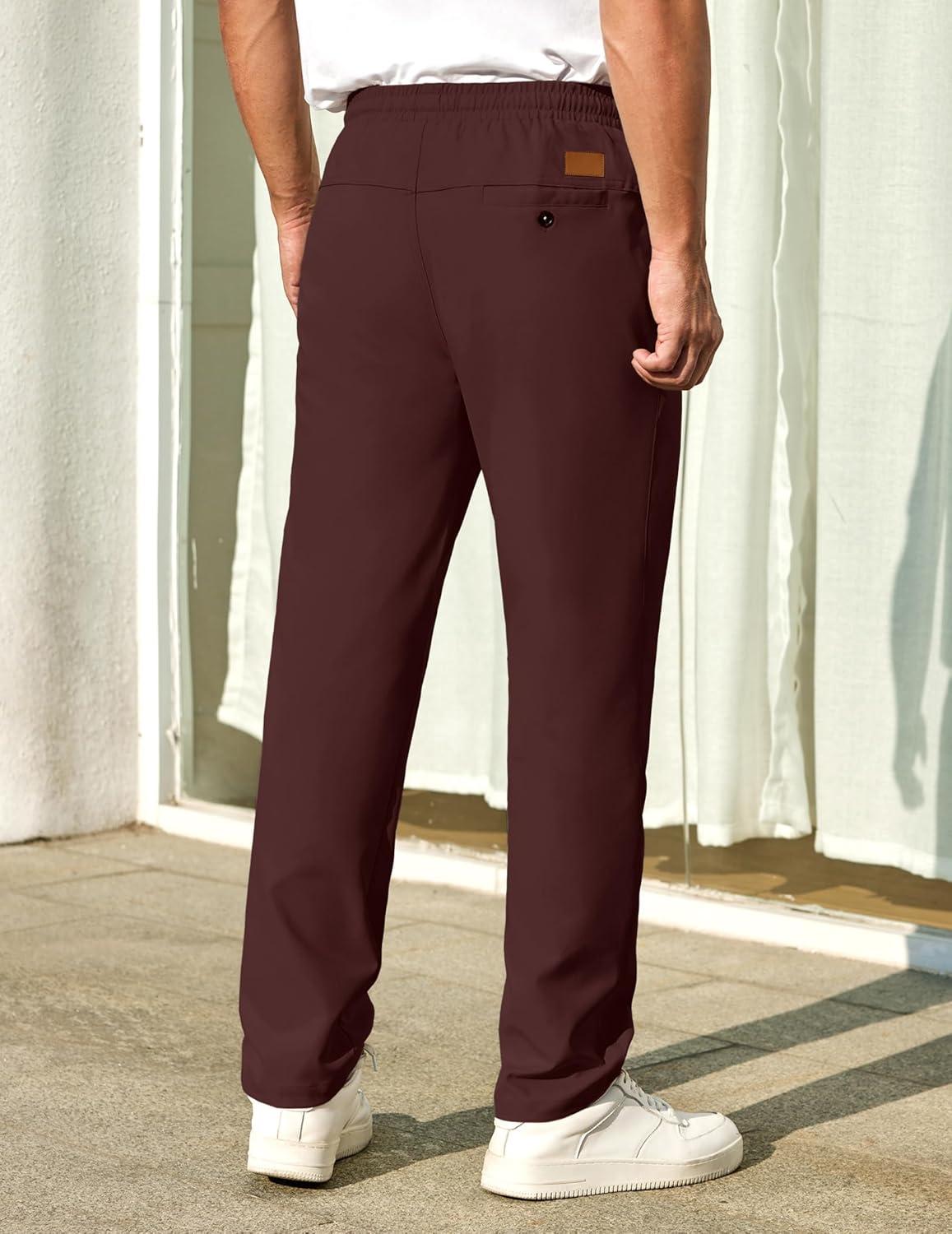 imageCOOFANDY Mens Casual Pants Elastic Waist Chino Pants Lightweight Drawstring Pants with PocketsWine Red