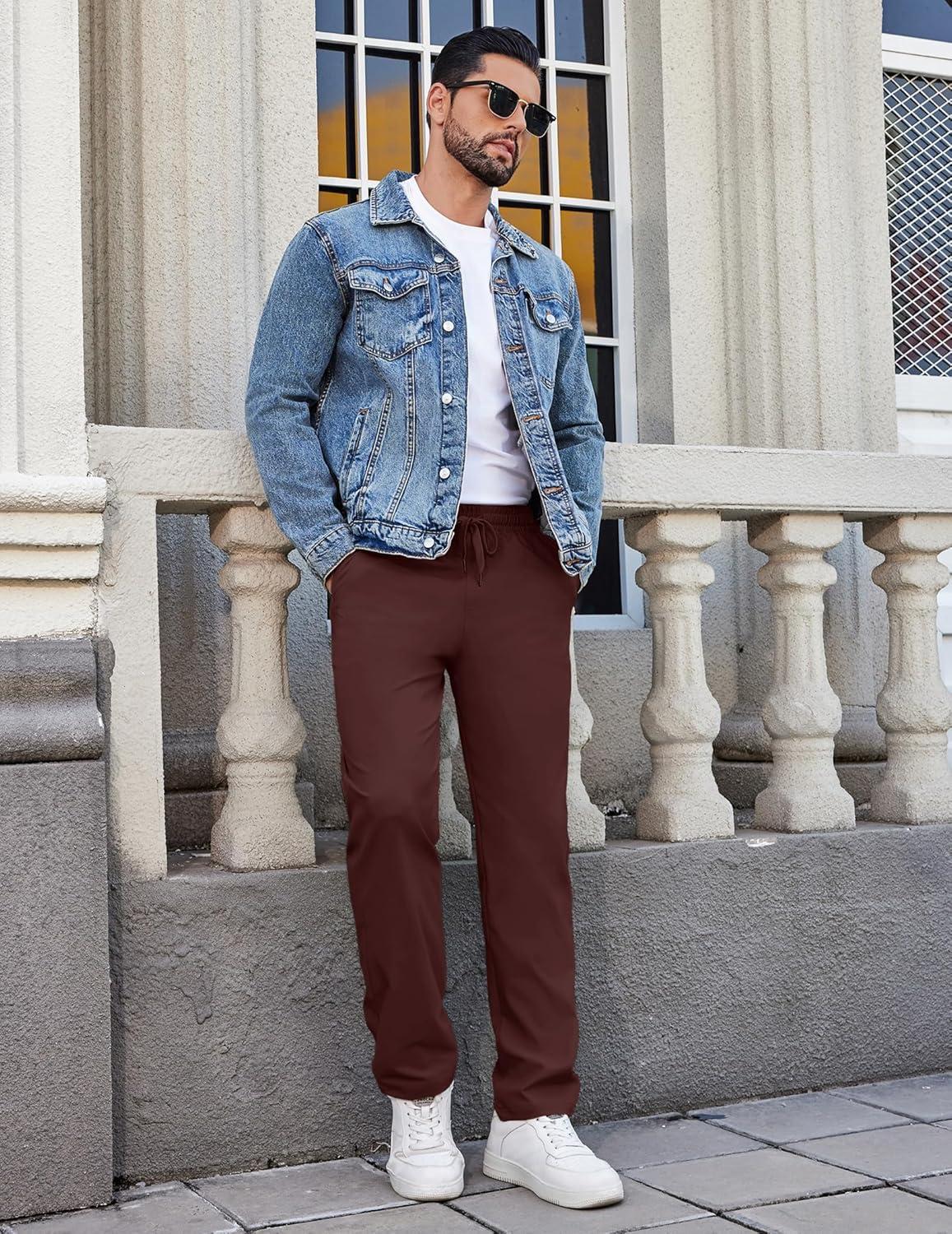 imageCOOFANDY Mens Casual Pants Elastic Waist Chino Pants Lightweight Drawstring Pants with PocketsWine Red
