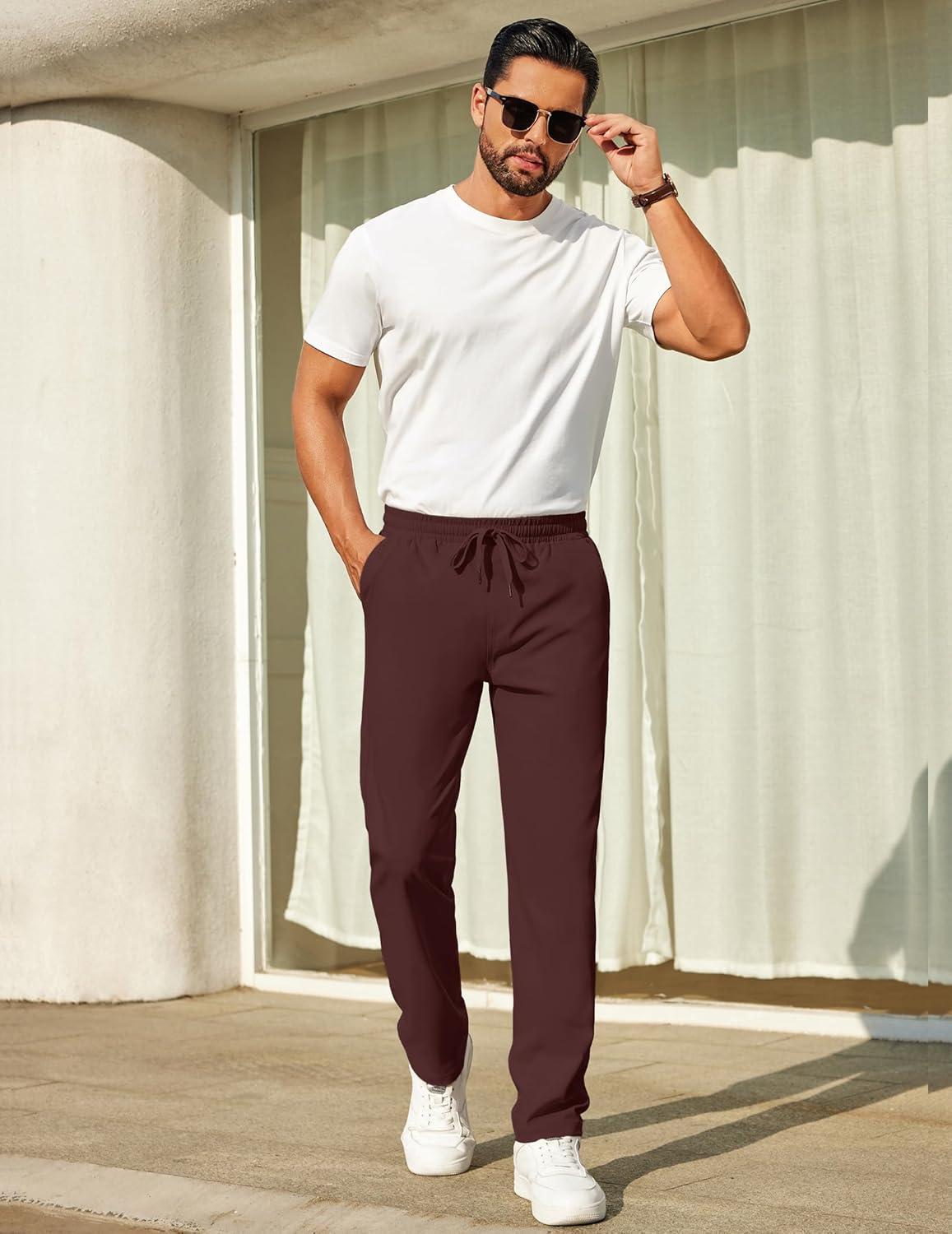 imageCOOFANDY Mens Casual Pants Elastic Waist Chino Pants Lightweight Drawstring Pants with PocketsWine Red