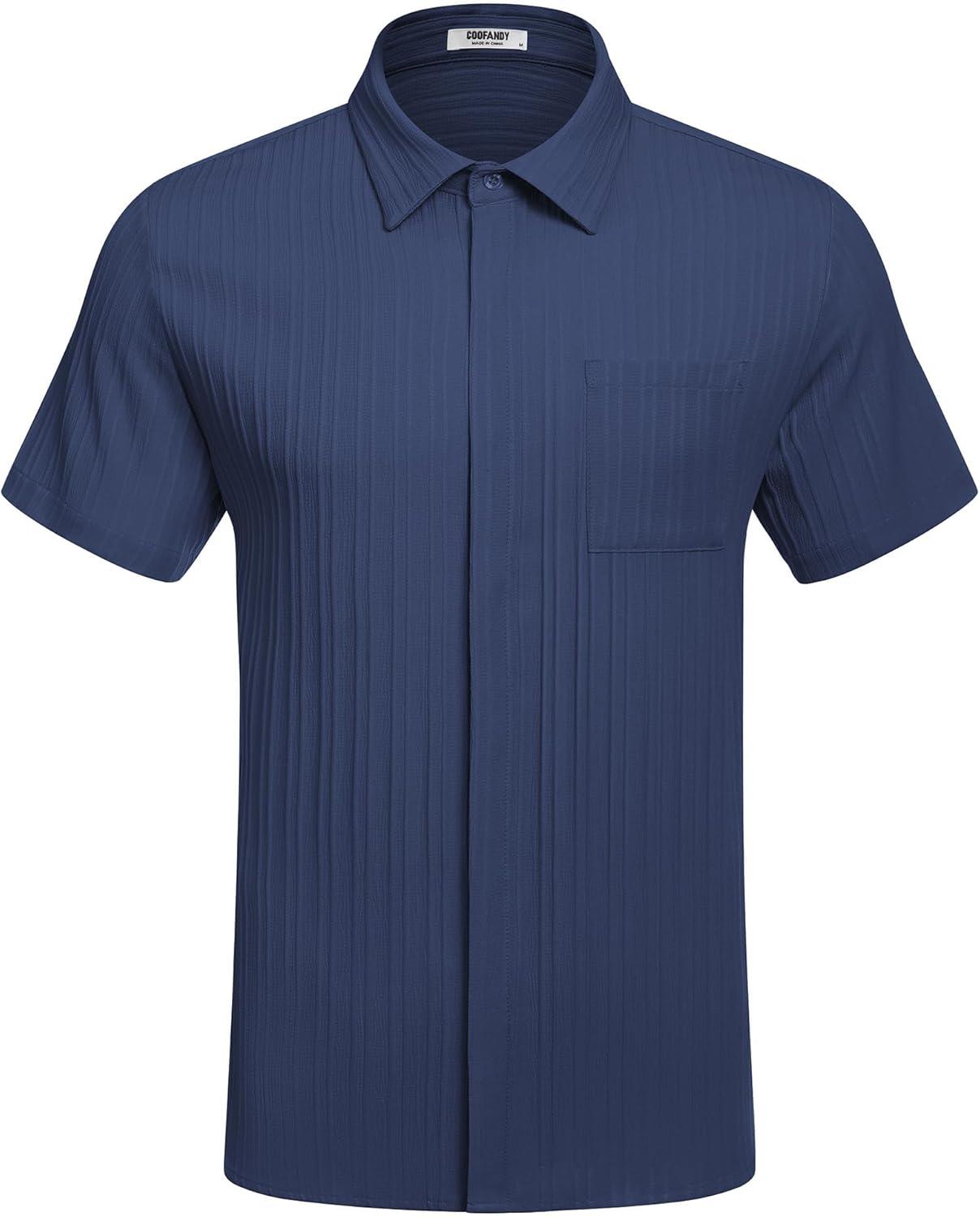 imageCOOFANDY Mens Casual Shirts Short Sleeve Button Down Shirts Fashion Textured Summer Beach ShirtNavy Blue
