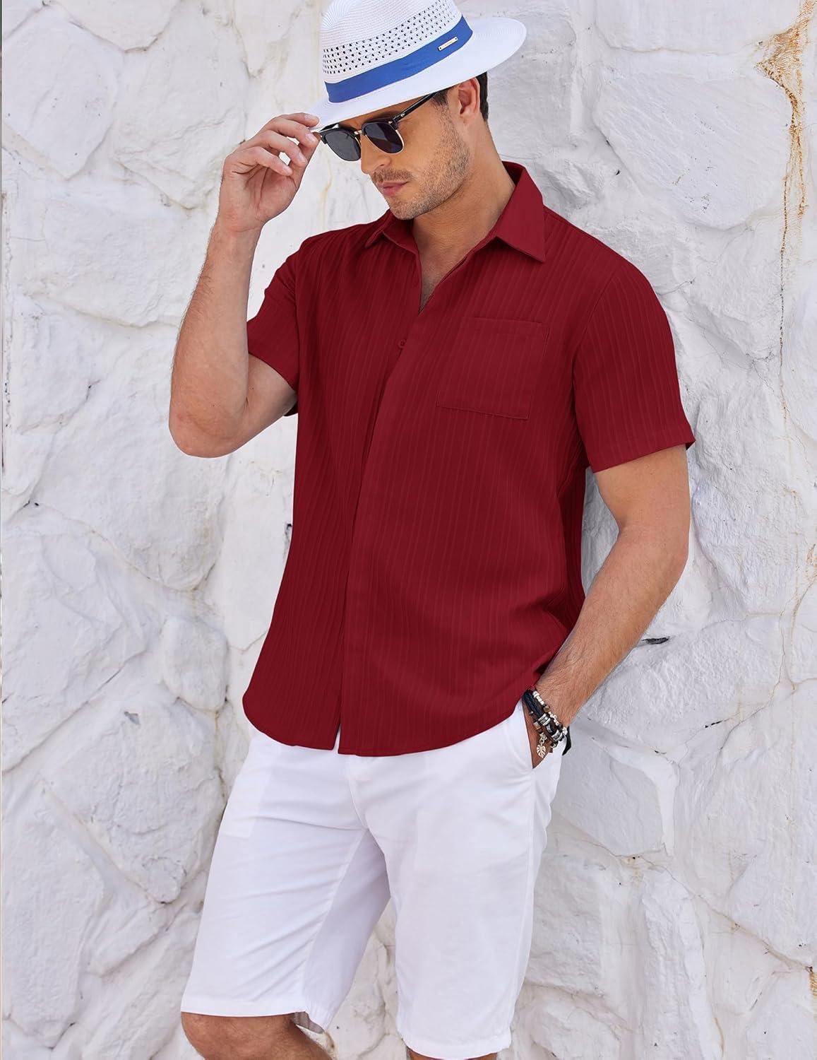 imageCOOFANDY Mens Casual Shirts Short Sleeve Button Down Shirts Fashion Textured Summer Beach ShirtWine Red